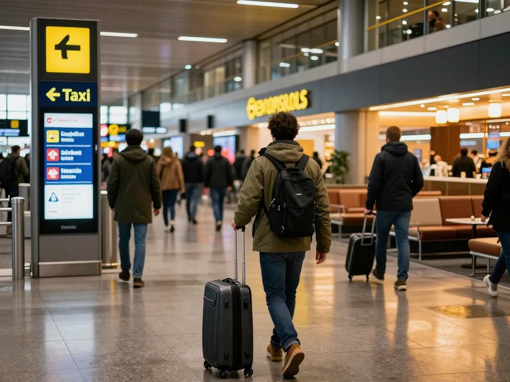 Taxi schiphol service op drukke luchthaven, reiziger aankomt met koffer, levendige taxisignalen.
