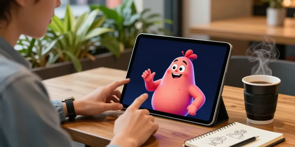 Interactive engagement with juicy AI character on tablet in cozy café.
