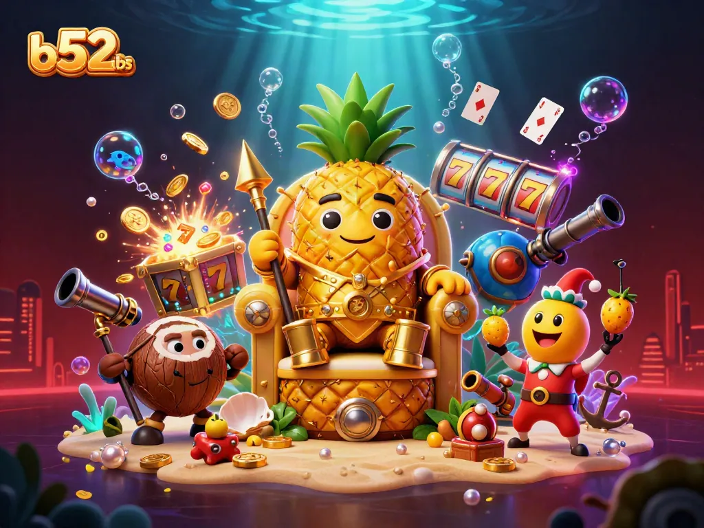 Experience thrilling gameplay with b52clubs' vibrant beach casino scene showcasing a golden pineapple king and dynamic game elements.