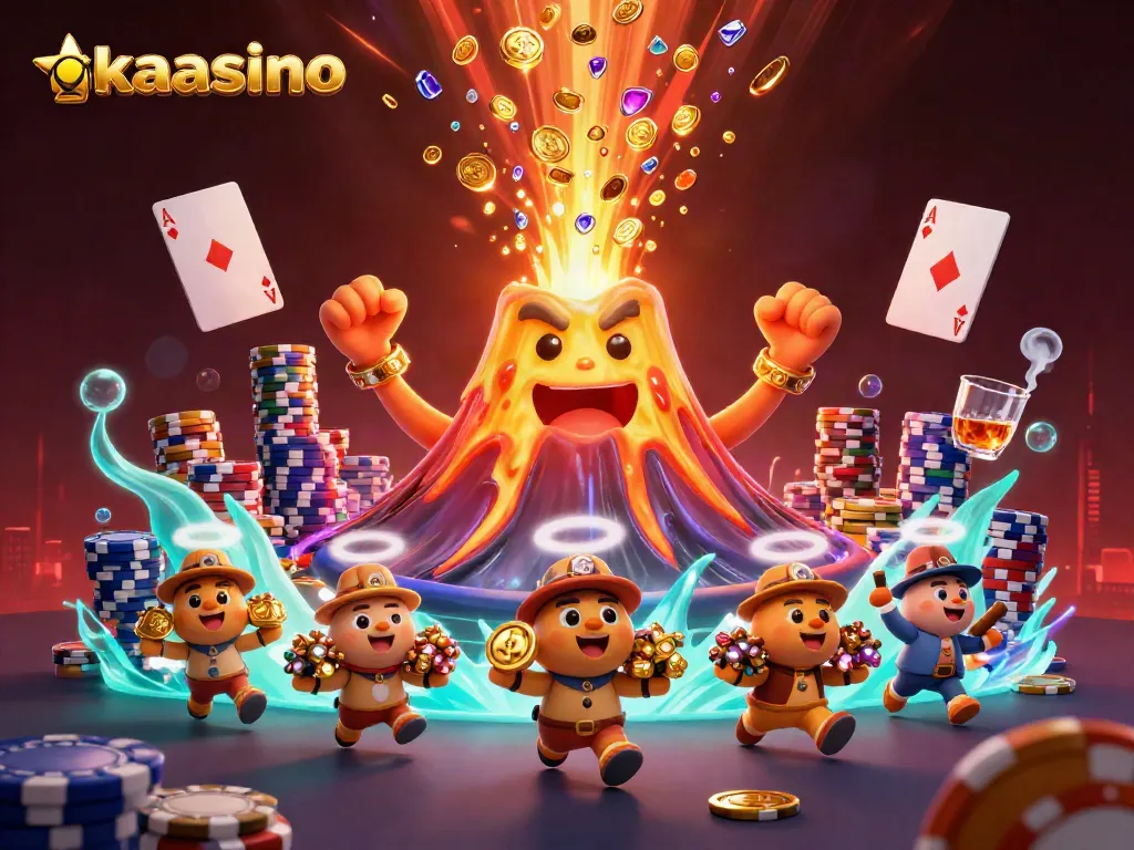 Kaasino engaging players with a vibrant 3D scenario of treasure-filled volcanoes, showcasing thrilling casino action