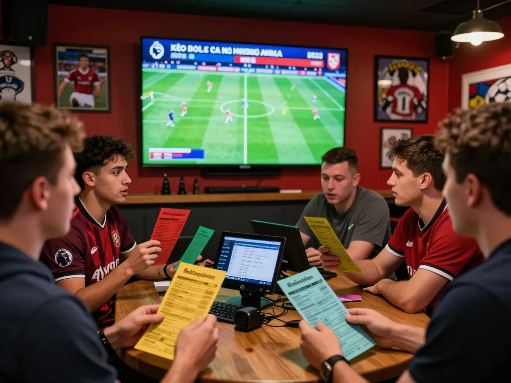 Exciting scene of betting on kèo bóng đá ngoại hạng anh with fans discussing odds and live matches.