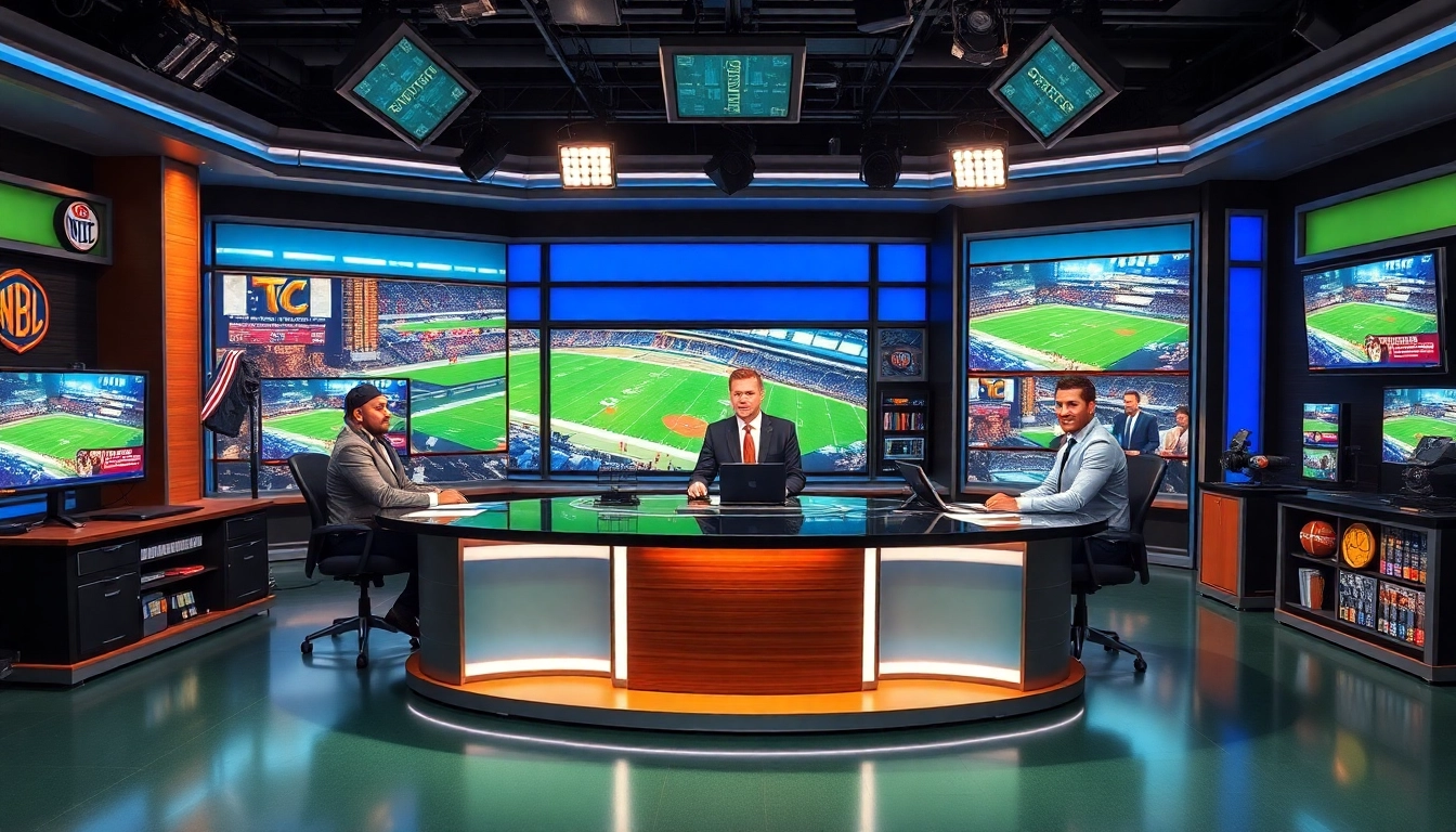Engaging sports broadcasting scene with anchors at a modern studio, capturing dynamic sports content.