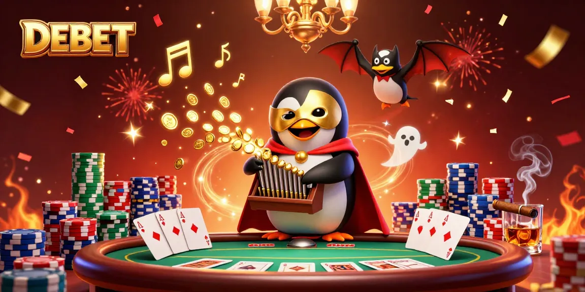 Engage in exciting gameplay at DEBET with vibrant illustrations of a casino scene.