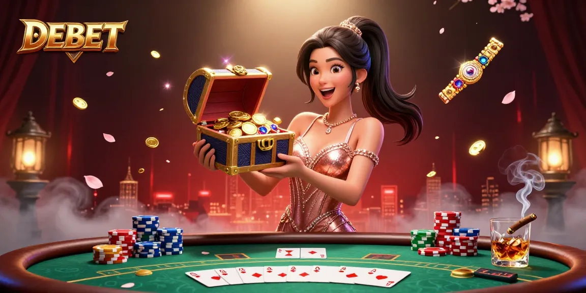 Engaging scene with DEBET showcasing an Asian woman presenting treasures, surrounded by vibrant casino elements.