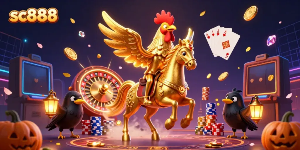 Experience the thrill of sc888 at a lively casino with golden rooster and treasures.