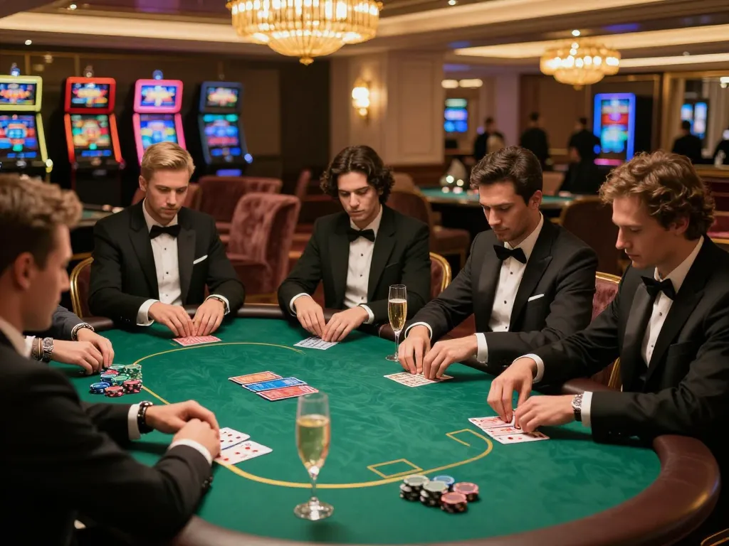 Engaged players enjoying a high-stakes poker game at a luxurious VIP area, aa888 atmosphere with elegant decor and intense focus.