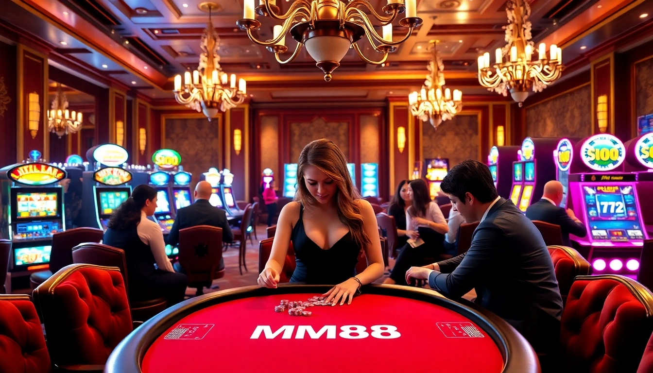 Exciting poker action at MM88 casino with vibrant slot machines in the background