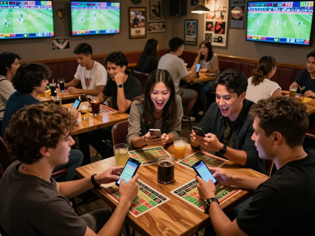 Engaged friends analyzing kèo nhà cái during a live sports betting session at a vibrant sports bar.