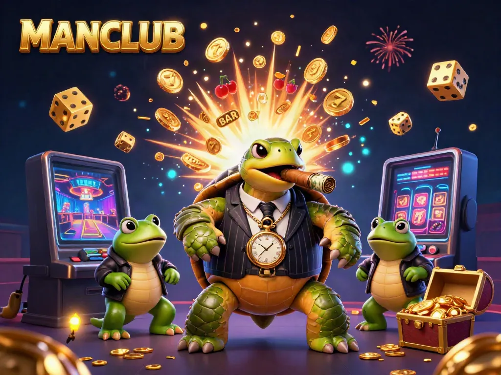 Engage with MANCLUB's vibrant casino scene featuring colorful slot machines and lively characters.