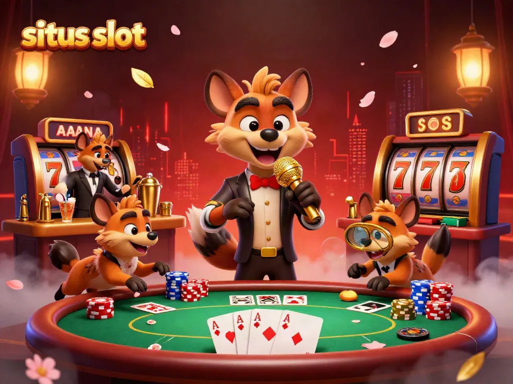 Enjoy exciting slots action in a vibrant casino with hyenas performing comedy and mixing drinks.