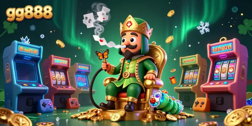Play poker with gg888's enormous caterpillar hookah-master in a digital casino scene filled with vibrant game elements.