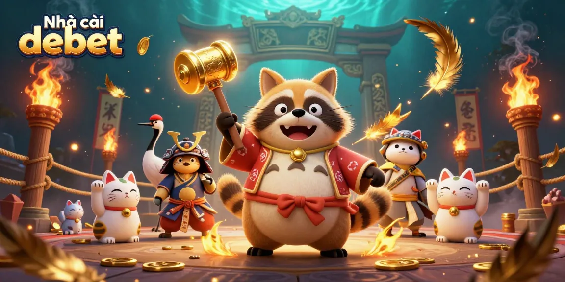 Engage with Nhà cái debet's thrilling atmosphere featuring dynamic characters and festive elements in a colorful scene.