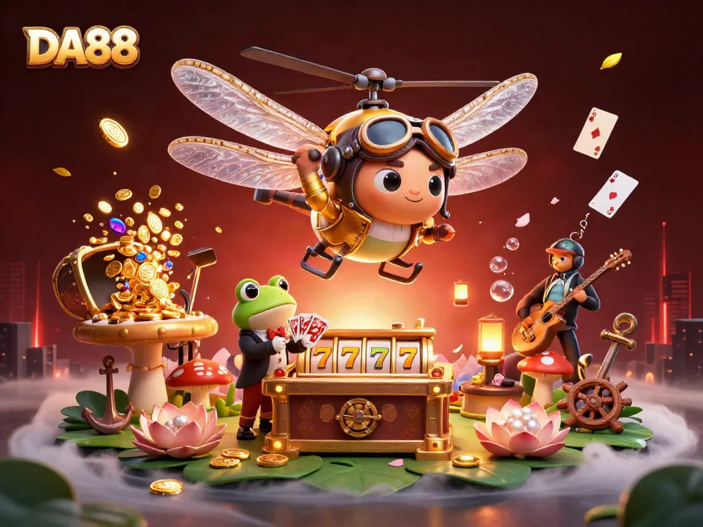 Experience thrilling gaming at DA88 with a dragonfly pilot and frog dealer in a vibrant casino scene.