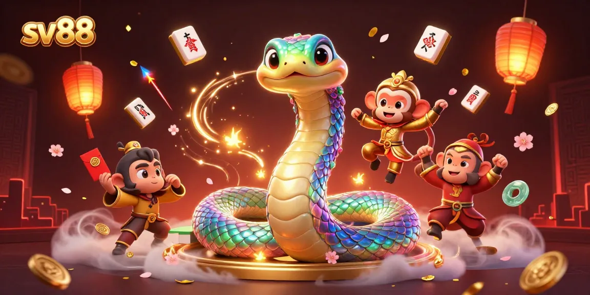 Experience thrilling gameplay with sv88, featuring a vibrant illustration of a rainbow serpent and monkey king amidst a festive casino atmosphere.