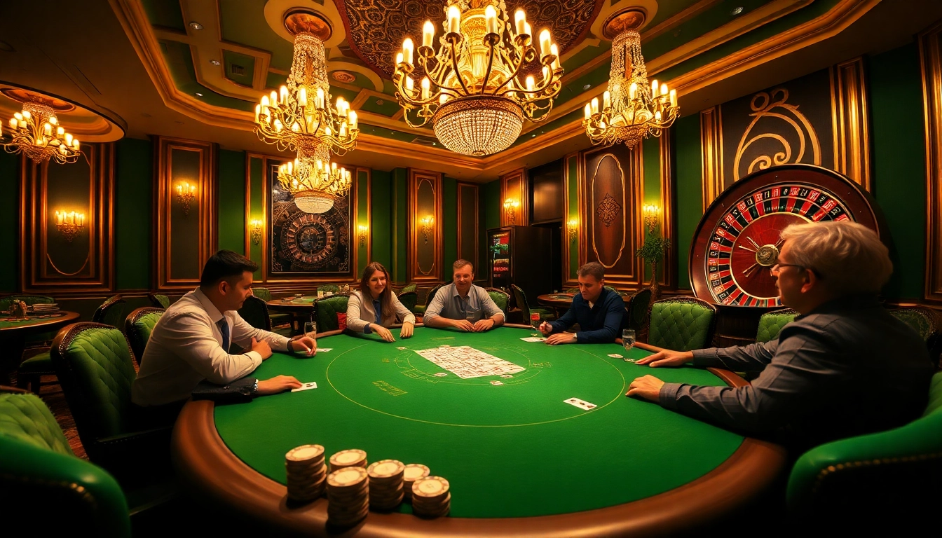 Players enjoying a thrilling poker game at go99 casino, showcasing vibrant cards and chips in a luxurious setting.