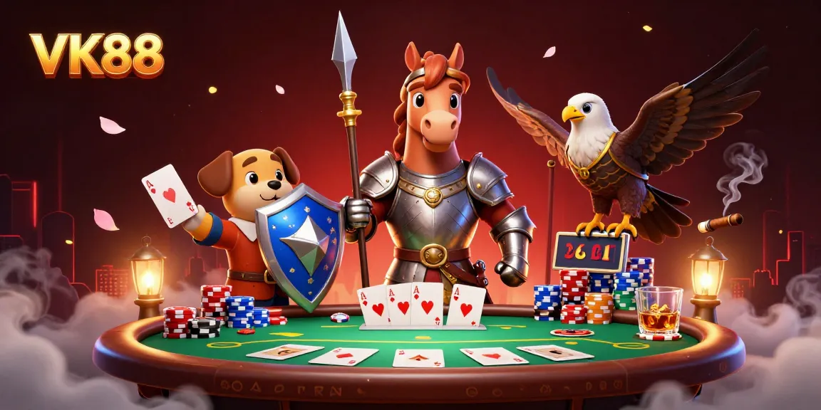 Engage in thrilling poker action with VK88 as a knight and squire protect the table filled with vibrant chips and cards.
