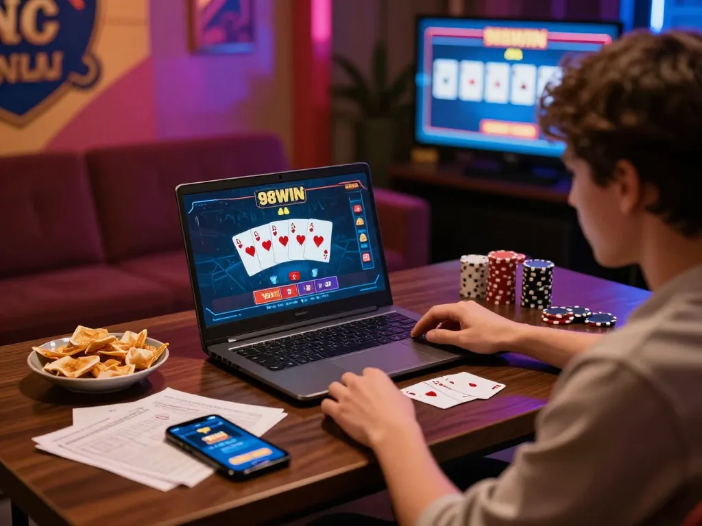 Engaging online casino moment at https://98win8.co.com/, player strategically betting with cards displayed on screen.