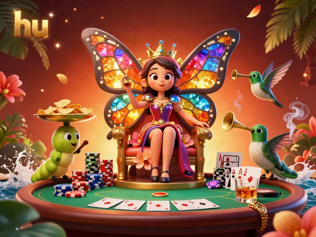 Engage with the enchanting 3D scene of the hu butterfly queen at a lavish casino poker table, vibrant colors fill the image.
