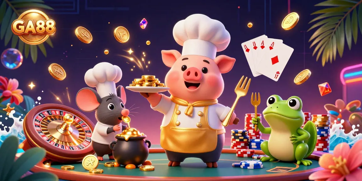 Celebrate your wins at GA88 with vibrant gold coins and 3D casino characters in a colorful luxurious scene.