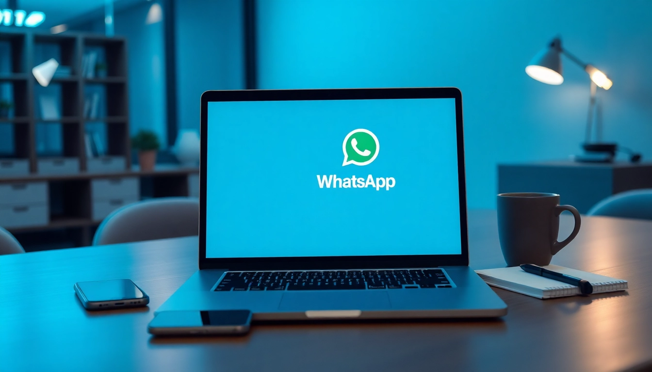 Professional workspace with laptop displaying WhatsApp网页版, highlighting efficient communication.