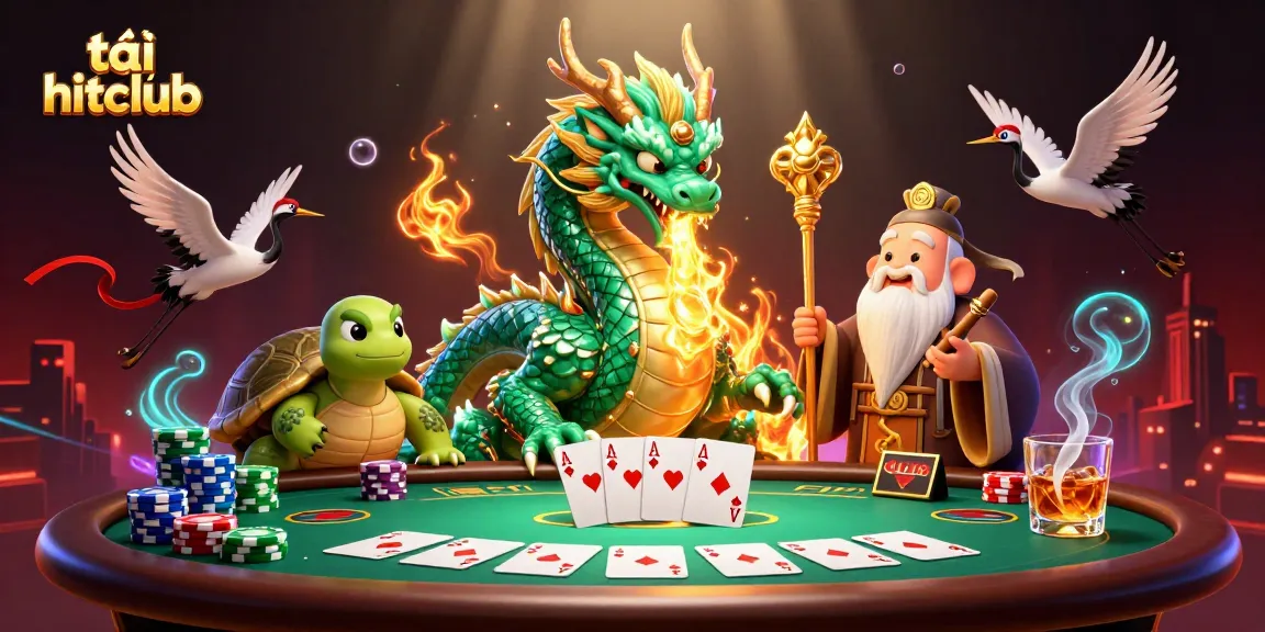 Bet on excitement with tải hitclub, featuring a majestic dragon and energetic poker scene.