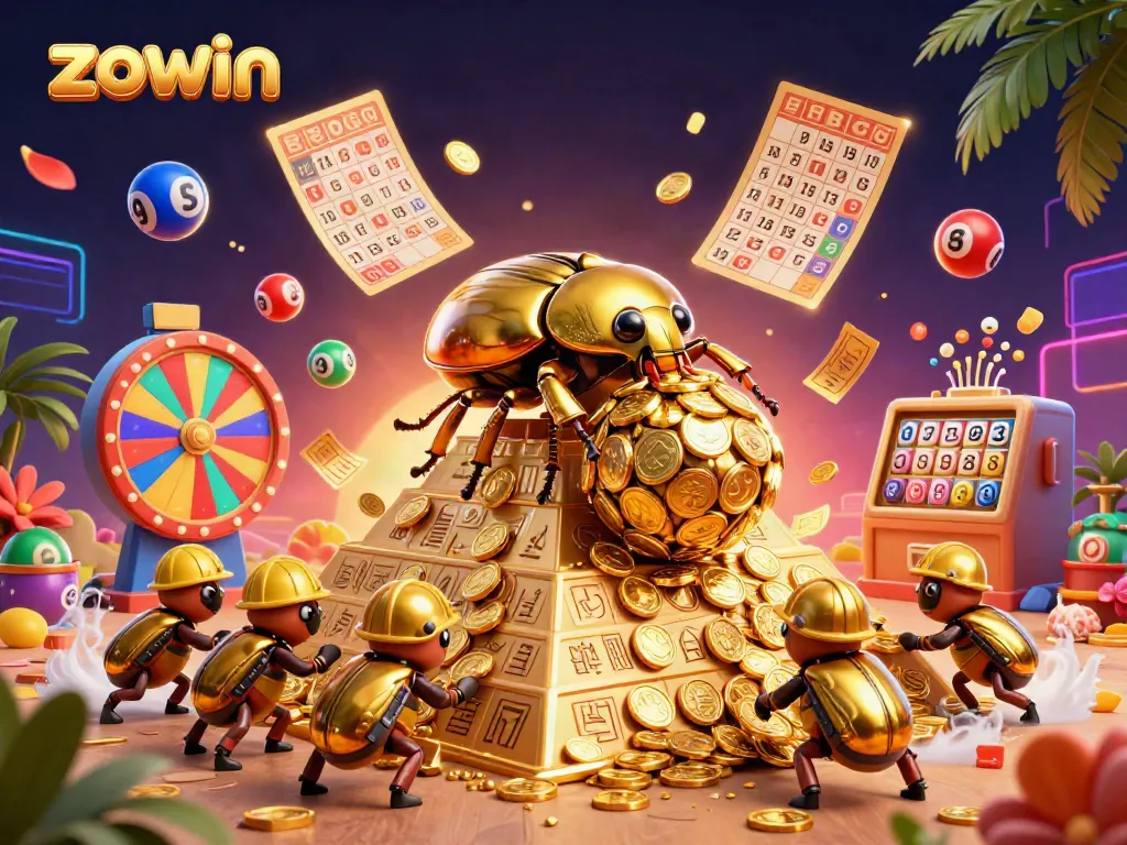 Zowin captivates as a giant dung beetle rolls coins surrounded by lottery magic in a lively casino scene.