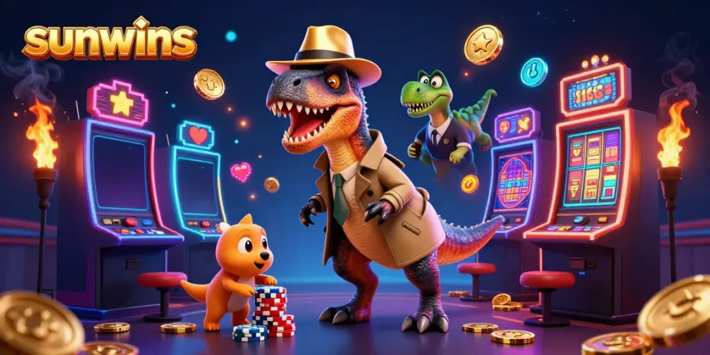 Experience thrilling slots action with sunwins as a crafty velociraptor card counter sneaks chips in a vibrant casino setting.
