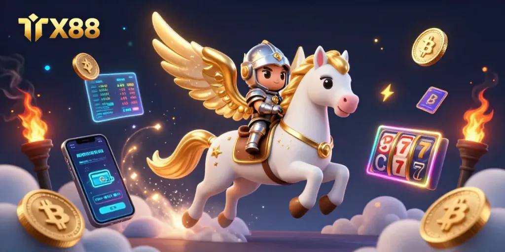 TX88 engages players with animated characters in a vibrant casino scene, featuring crypto elements.