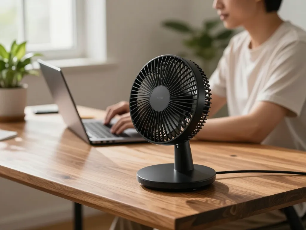 Stijlvolle tafelventilator zwart die het comfort in een modern thuiskantoor verbetert.