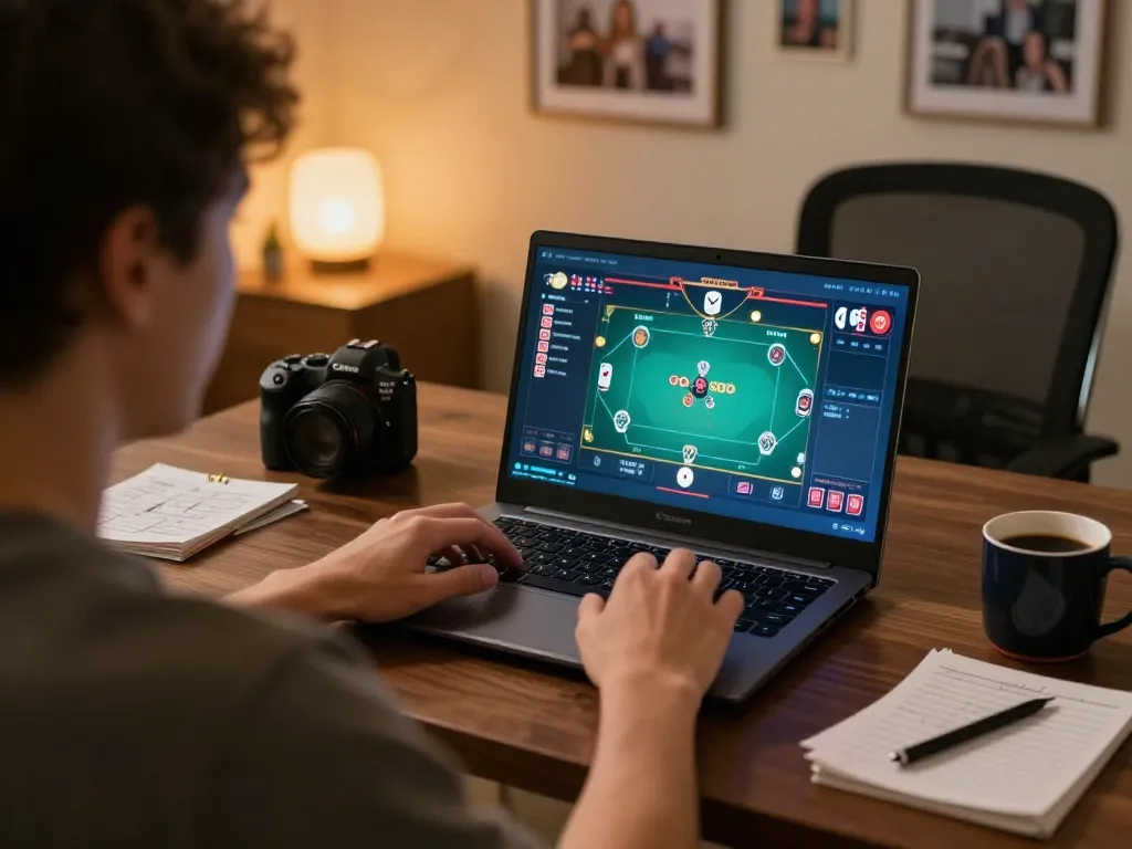MAY88 player enjoying a strategic poker game at home using a laptop, illustrating an engaging online casino experience.