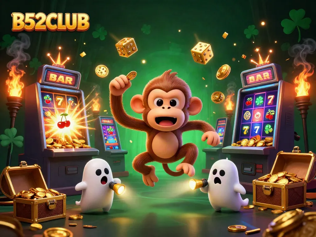 Experience the thrill of B52CLUB as the poltergeist monkey conjures golden winnings in a vibrant casino.