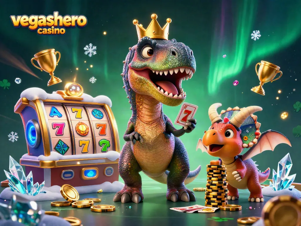 Engage with vegashero casino as a T-Rex shuffles cards, a pterodactyl assists, and a triceratops stacks chips amid a lively gaming scene.