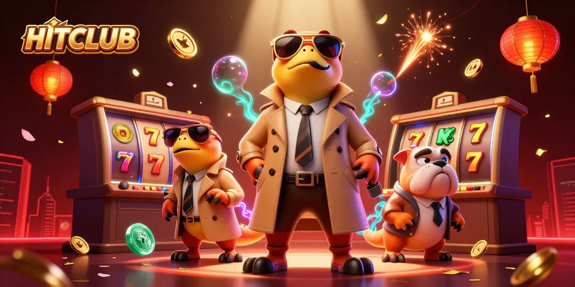 HITCLUB showcases raptors in disguise entering a vibrant casino filled with slots and festive elements.