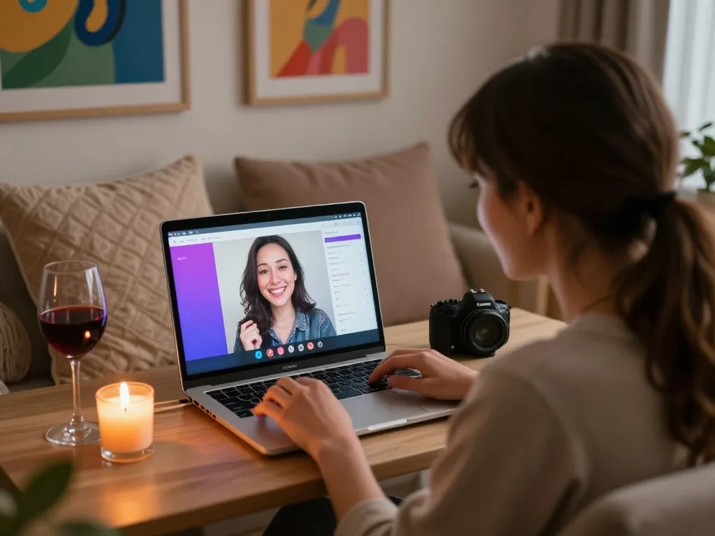 Engaging sex chat scene with a relaxed person on a laptop, cozy ambiance and soft lighting.