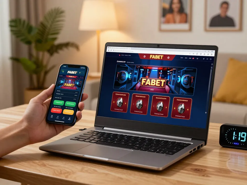 Player enjoying online gaming on FABET with smartphone in hand, displaying an exciting casino environment.