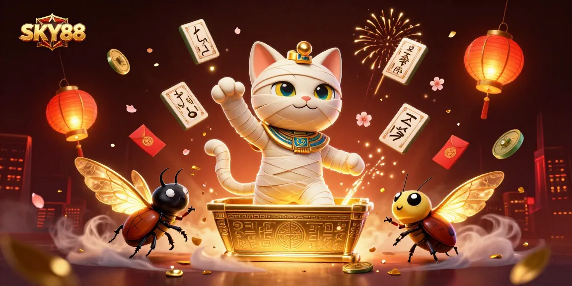 SKY88 offers an exciting scene with a pyramid casino featuring a mummy cat, golden elements, and dynamic game symbols.