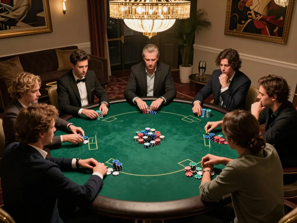 Dabet88 poker game in an elegant room, players engaging in strategic betting and lively discussions.