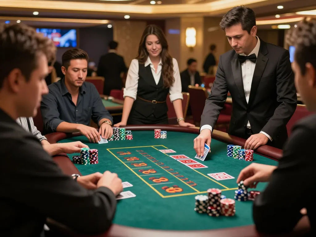 Players engaged in a thrilling game at O8 casino, showcasing excitement and colorful chips.