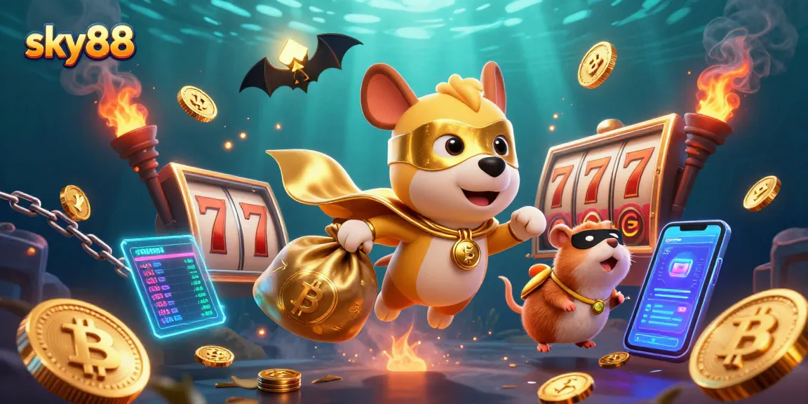Win big at sky88 with a superhero dog and sidekick featured in a vibrant casino scene.