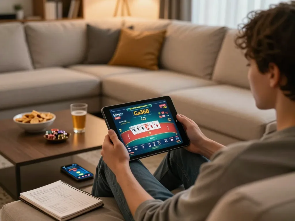 Engaged player enjoying Ga368 online poker on tablet in cozy home setting