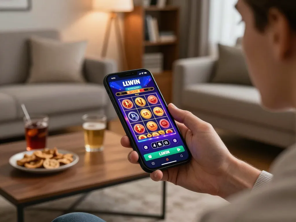 Player actively engaging with LLWIN on a smartphone while enjoying a cozy home atmosphere.