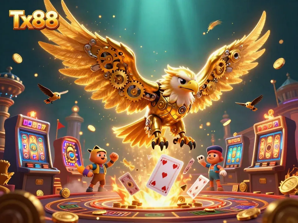 Experience the thrill of Tx88 with a vibrant illustration of a golden eagle soaring through holographic cards and casino elements.