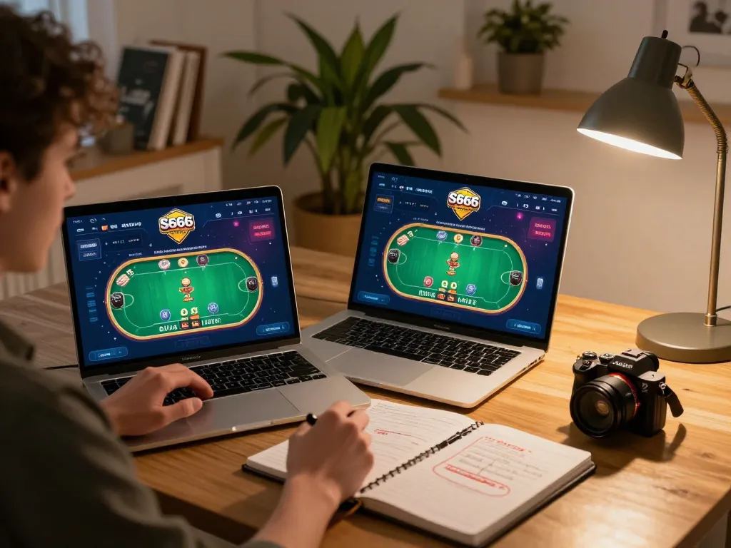 Gamer using S666.com on laptop, analyzing strategies with notebook in a cozy setting.