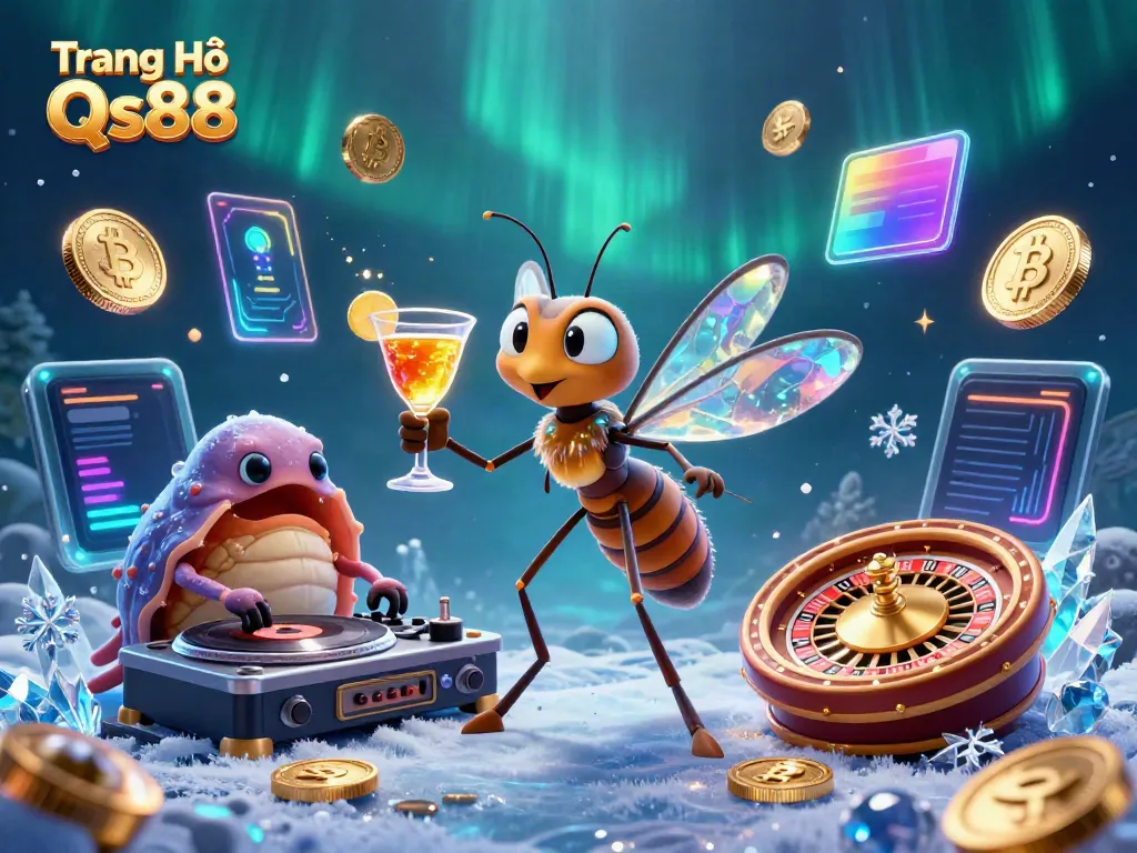 Engage in thrilling casino action with Trang Chủ Qs88, featuring vibrant 3D characters and glowing crypto elements.