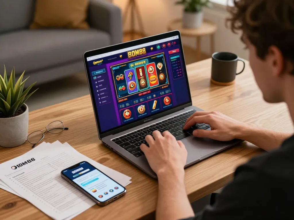 BOM88 online player engaging with casino games on laptop, surrounded by strategy notes and mobile app.