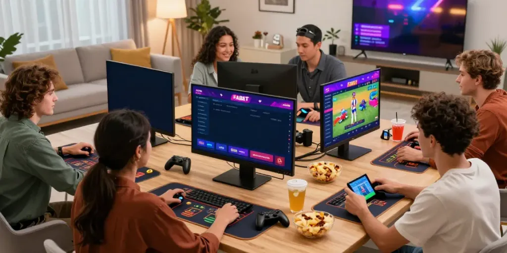 Enjoying the exciting gaming experience at https://fabet.com.mx/ with friends at home, featuring live betting and casino activities.