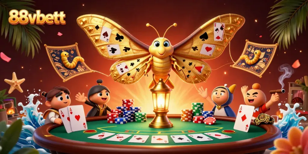 Engage with 88vbett as golden-winged moths navigate vibrant casino scenes filled with poker dynamics.