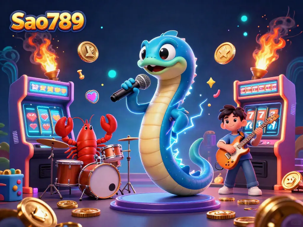 Sao789 showcases a vibrant, underwater DJ casino scene with electric eel, lobster drummer, and seahorse guitarist.