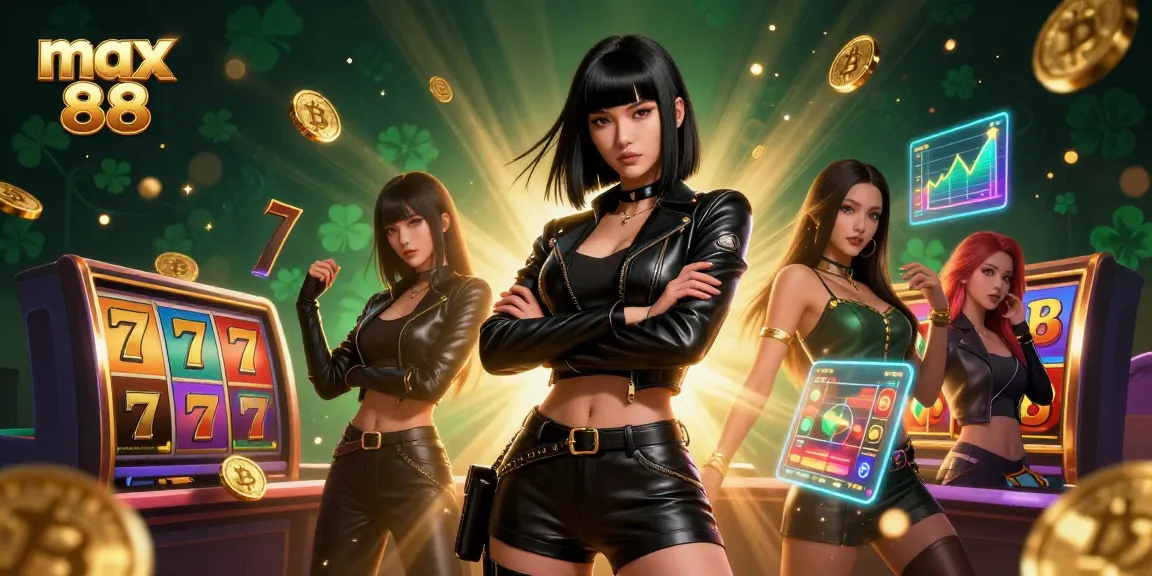 Max 88 illustration showcasing a powerful Asian woman in a vibrant casino scene with golden coins and slot machines.
