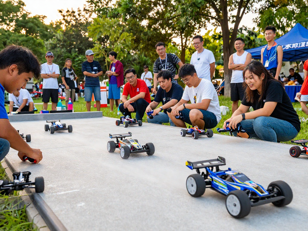 Participants racing ROKOK88 remote control cars in an outdoor setting, showcasing precision control and community engagement.